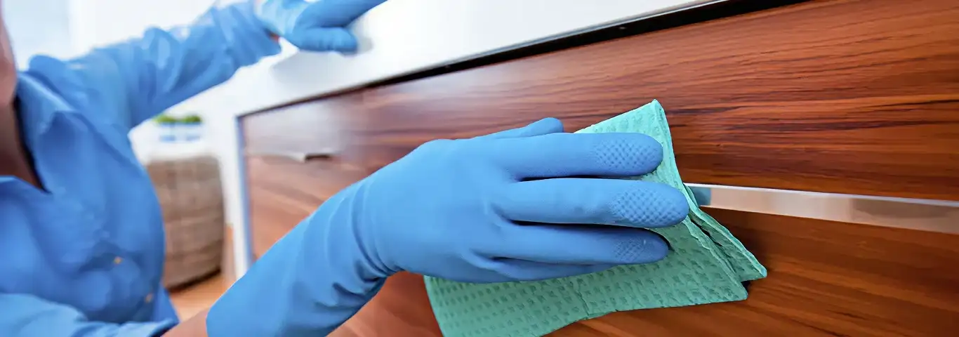 Cleaner wearing blue gloves wiping a wooden cabinet drawer with a microfiber cloth for dust and grime removal, Ogden, UT.