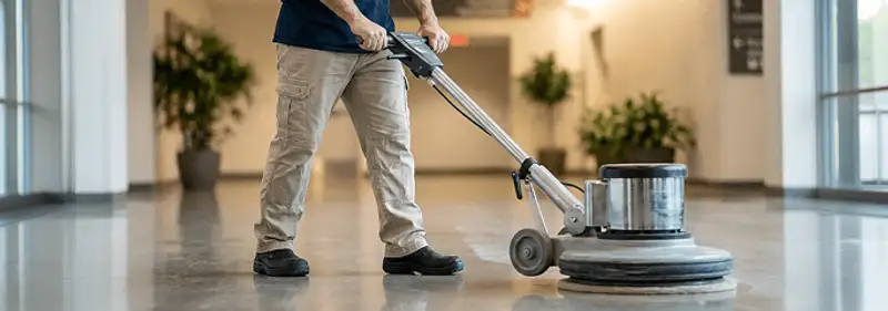 Professional technician using an industrial floor buffer to polish and maintain shiny commercial flooring in a corporate hallway in Ogden, UT.
