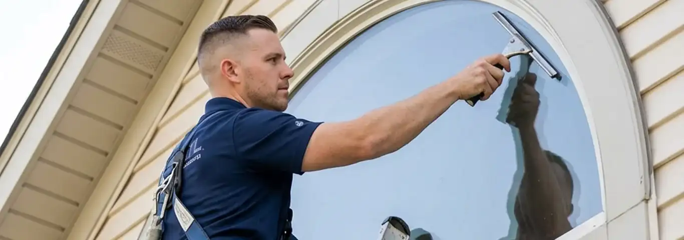 Professional window cleaner using a squeegee to clean an exterior arched window on a home, Ogden, UT.