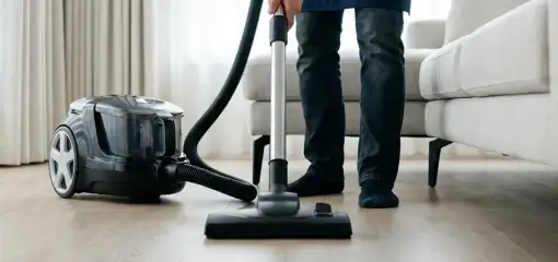 Professional house cleaner vacuuming a living room floor with a canister vacuum cleaner, Ogden, UT.