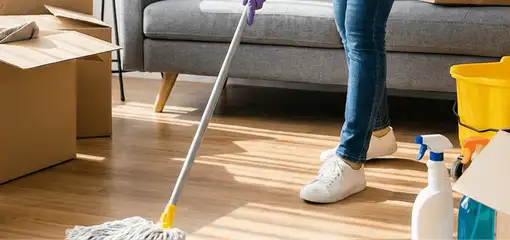 Move-out cleaning setup with a cleaner mopping hardwood floors near moving boxes and cleaning supplies, Ogden, UT.