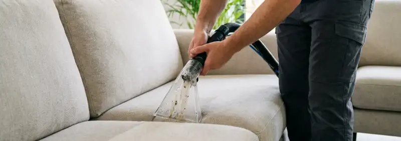 Technician extracting dirt and moisture from a fabric sofa with an upholstery cleaning wand, Ogden, UT.