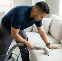 Professional upholstery cleaning technician using an extraction wand to deep-clean a fabric sofa, Ogden, UT.