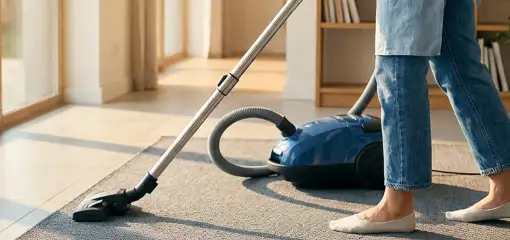 Person vacuuming a living room rug with a canister vacuum cleaner near large windows, Ogden, UT.